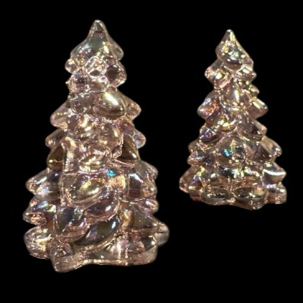 Pair Mosser Glass Trees Sugar Plum Iridescent Purple 2.75” USA New